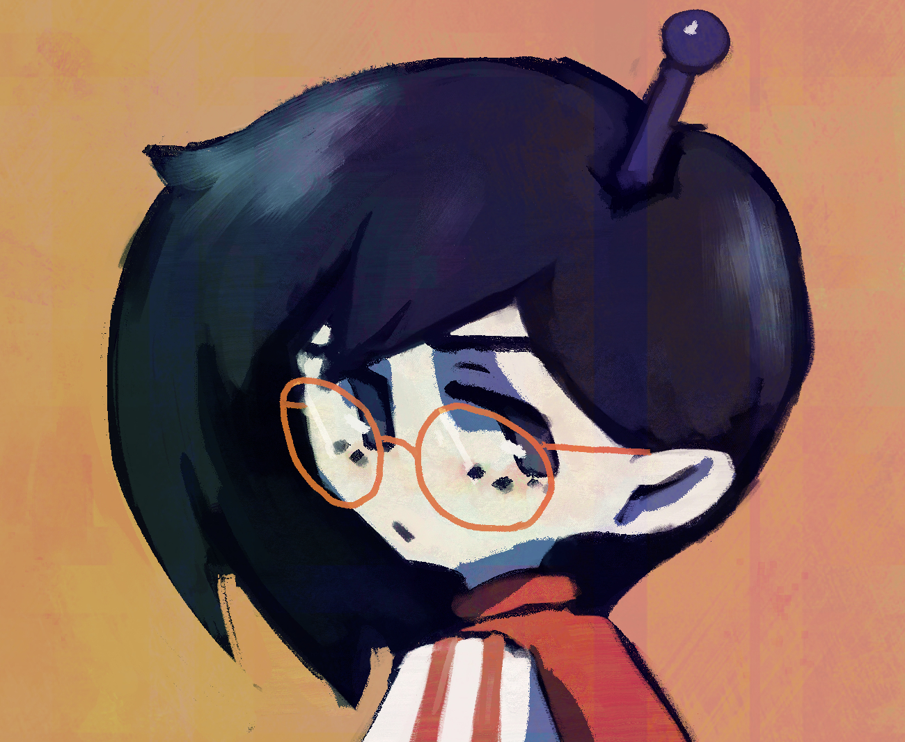 A humanoid version of myself, with navy hair, a red t-shirt, round glasses, and an antenna on the top of my head.